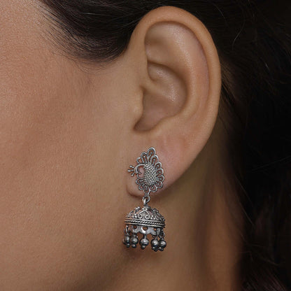 Silver bollywood jhumka earrings - Oxidised Peacock Engraved Jhumka