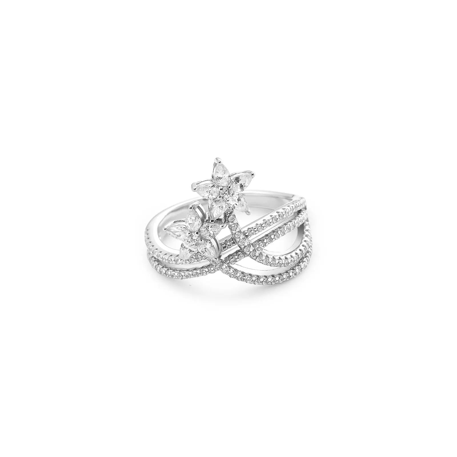 White Dual Floral CZ Ring For Women – 925 Sterling Silver Rhodium Plated