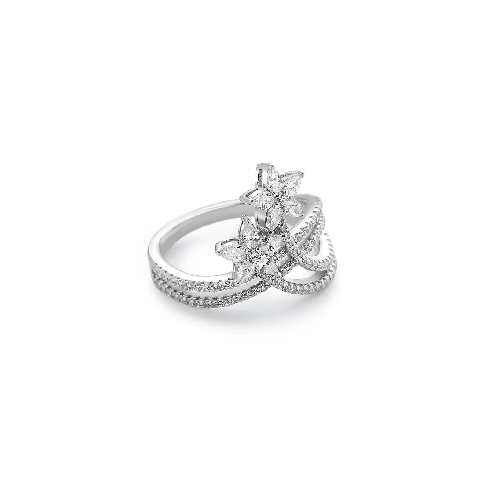 White Dual Floral CZ Ring For Women – 925 Sterling Silver Rhodium Plated