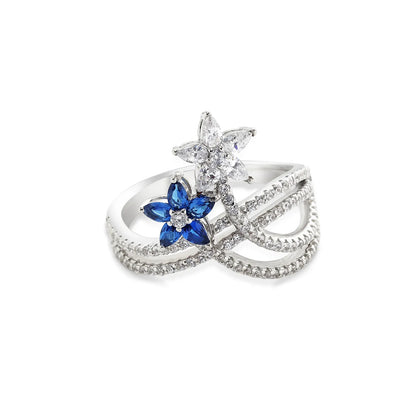 Sapphire & CZ Dual Floral Ring For Women – 925 Sterling Silver Rhodium Plated