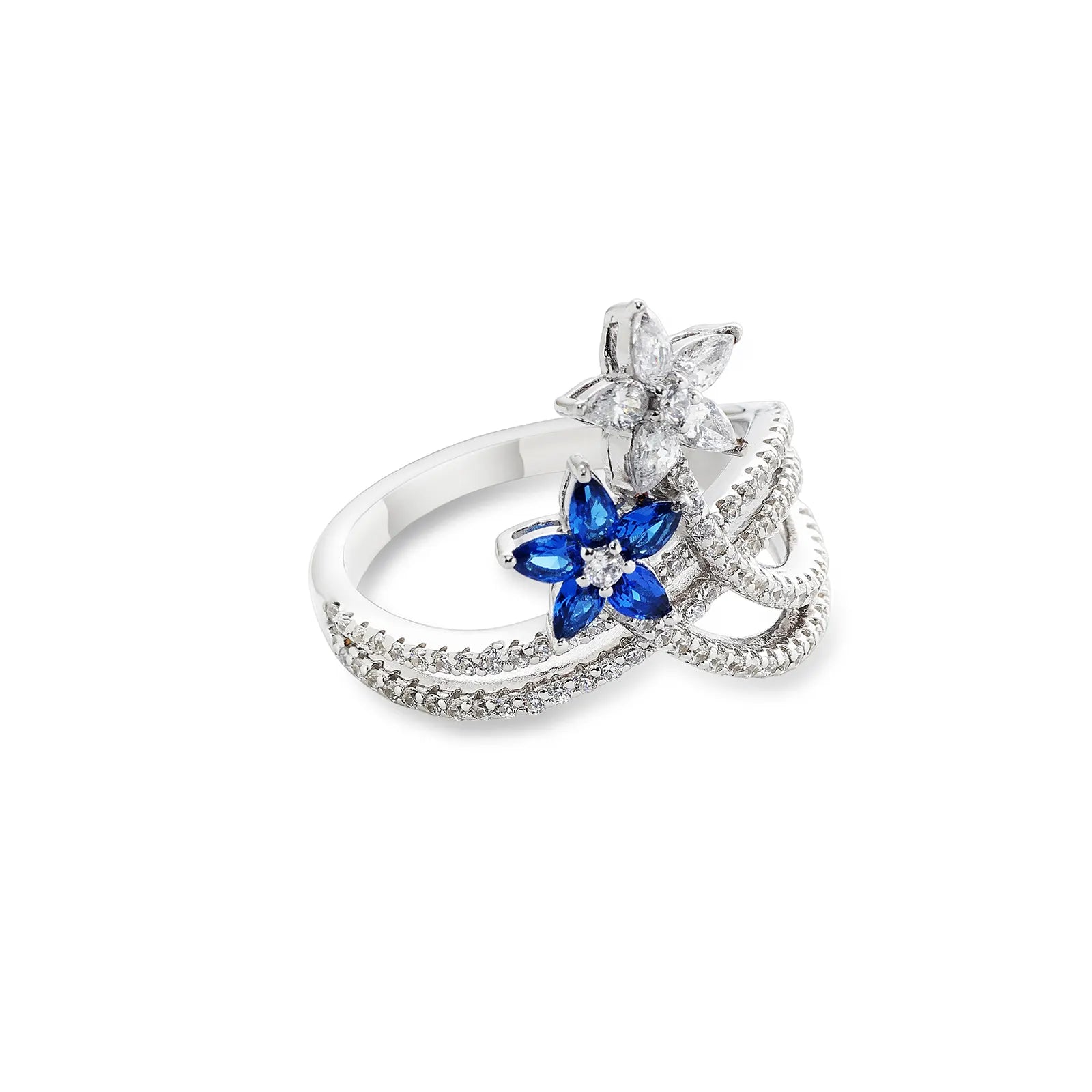 Sapphire & CZ Dual Floral Ring For Women – 925 Sterling Silver Rhodium Plated