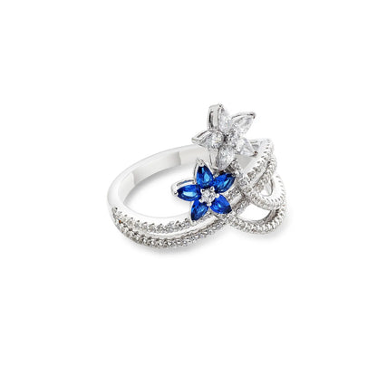 Sapphire & CZ Dual Floral Ring For Women – 925 Sterling Silver Rhodium Plated