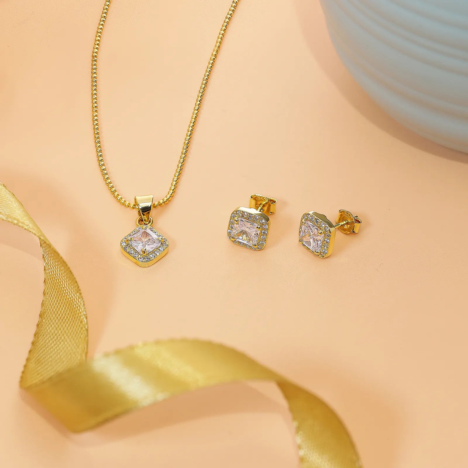 Gold Plated Square Cut AD Silver Pendant & Earrings Set