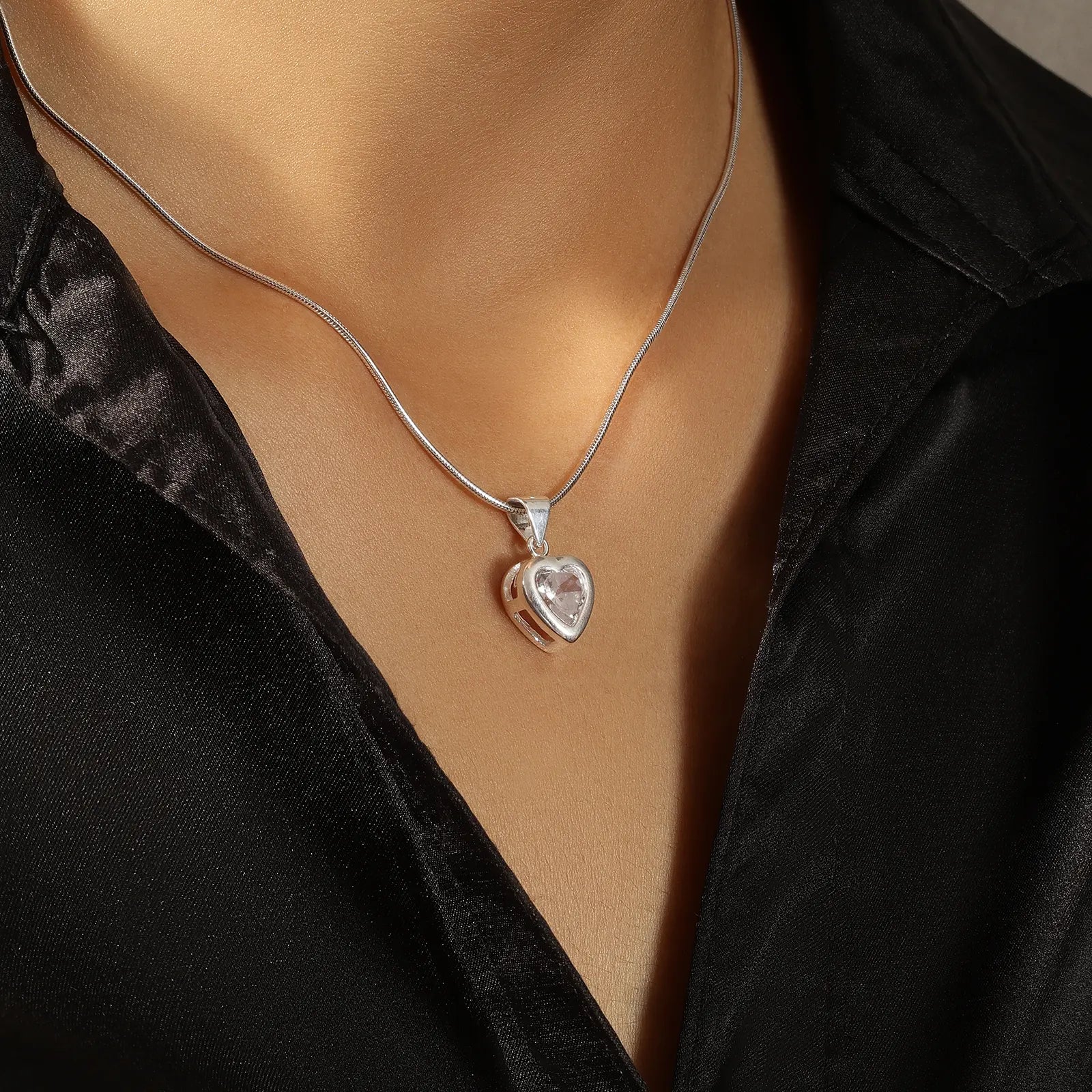 Heart CZ Bezel Pendant Necklace For Women – 925 Sterling Silver Rhodium Plated