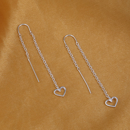 Heart Design Long Chain Silver Earrings