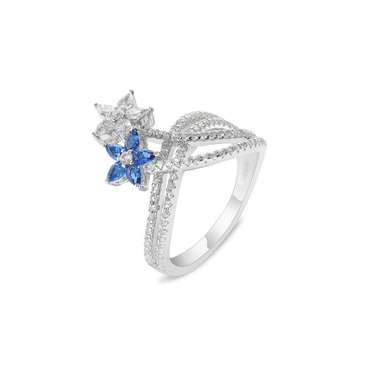 Sapphire & CZ Dual Floral Ring For Women – 925 Sterling Silver Rhodium Plated