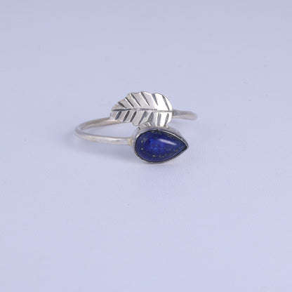 Pure Silver Ring + Blue Lapis Leafy Design - Tweov Jewels