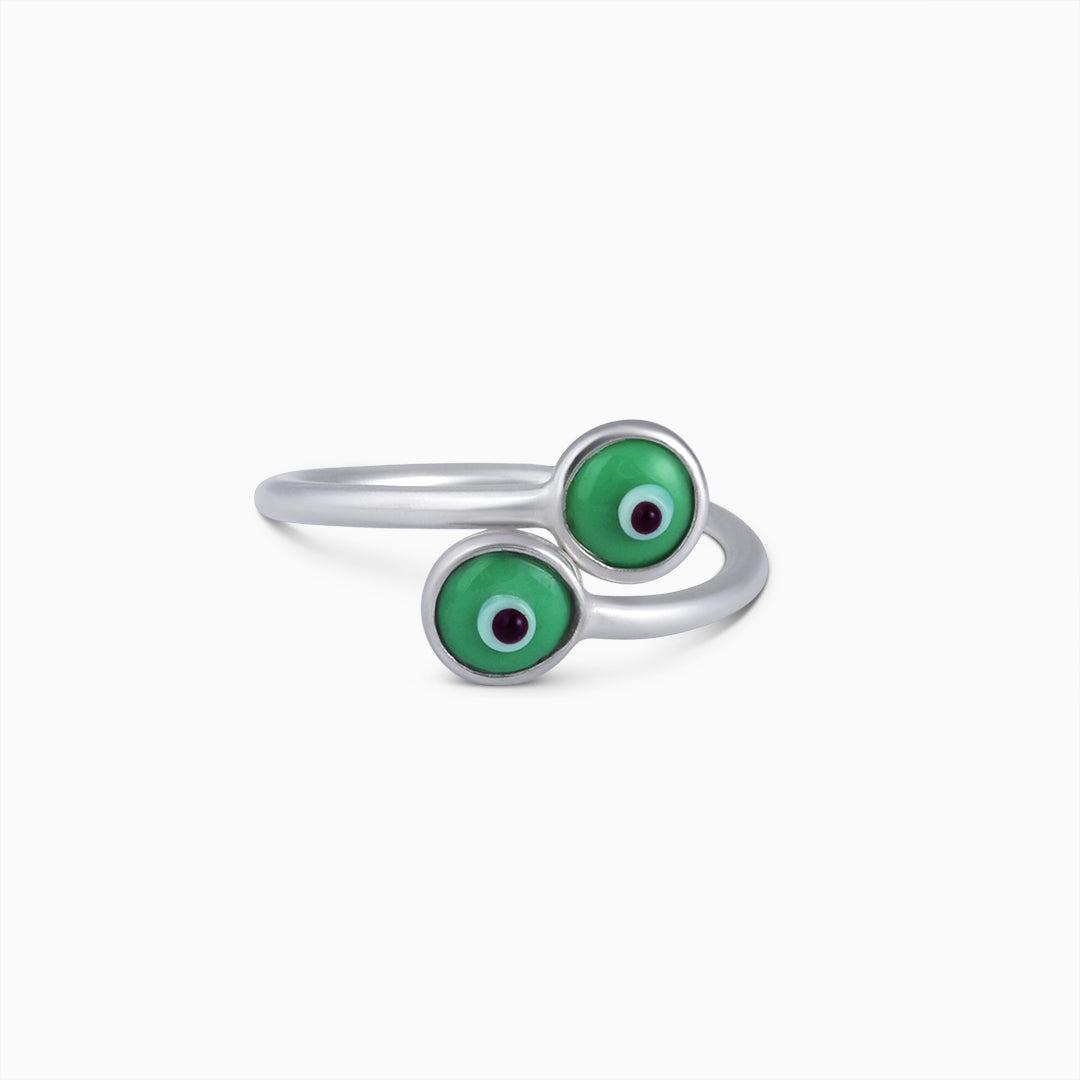 I Owe My Happiness Silver Green Evil Eye Ring - Tweov Jewels