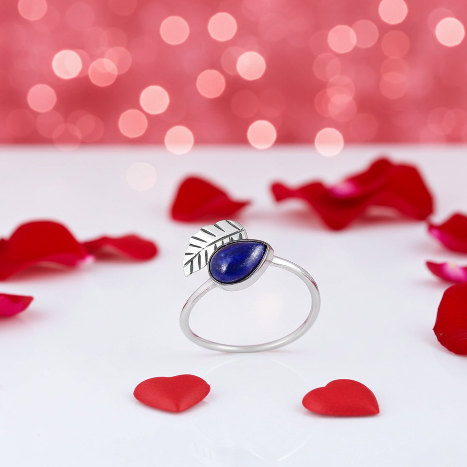 Silver Blue Stone Studded Leaf Band Ring