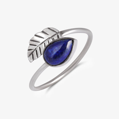 Silver Blue Stone Studded Leaf Band Ring