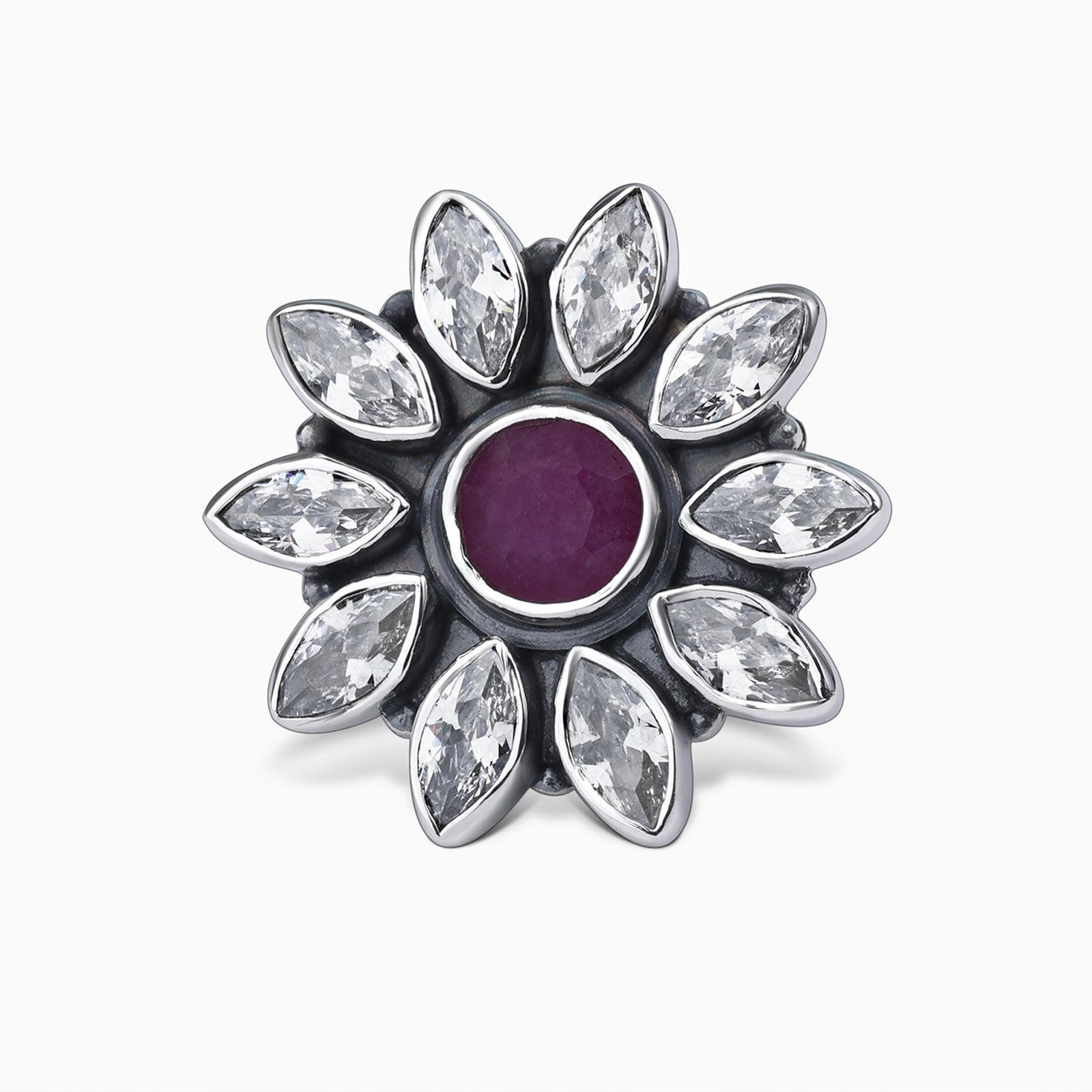 Silver Antique Floral Pink Stone Ring