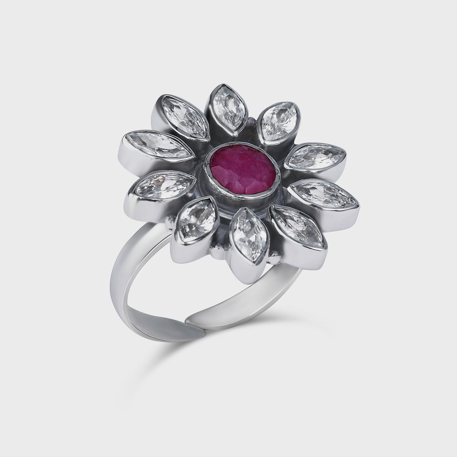 Silver Antique Floral Pink Stone Ring