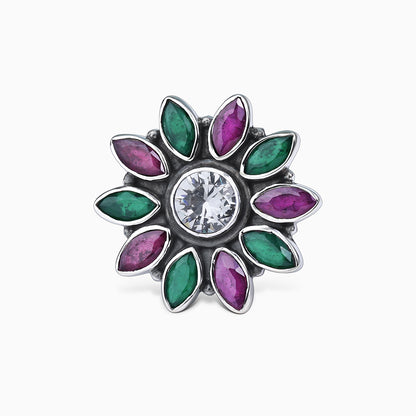 Pure Silver Ring - Moissanite & Ruby Stoned Blossom - Tweov Jewels