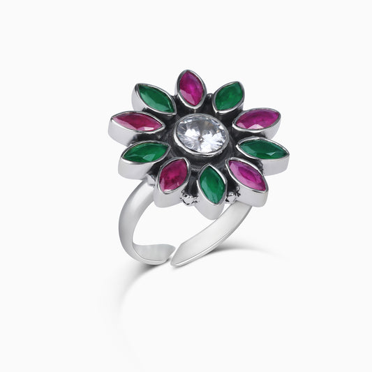 Silver Pink and Green Stone Ring
