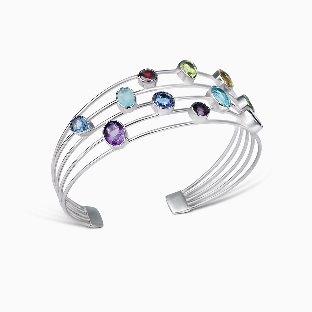 Multicolor Gemstone 925 Sterling Silver Bangle Bracelet - Tweov Jewels