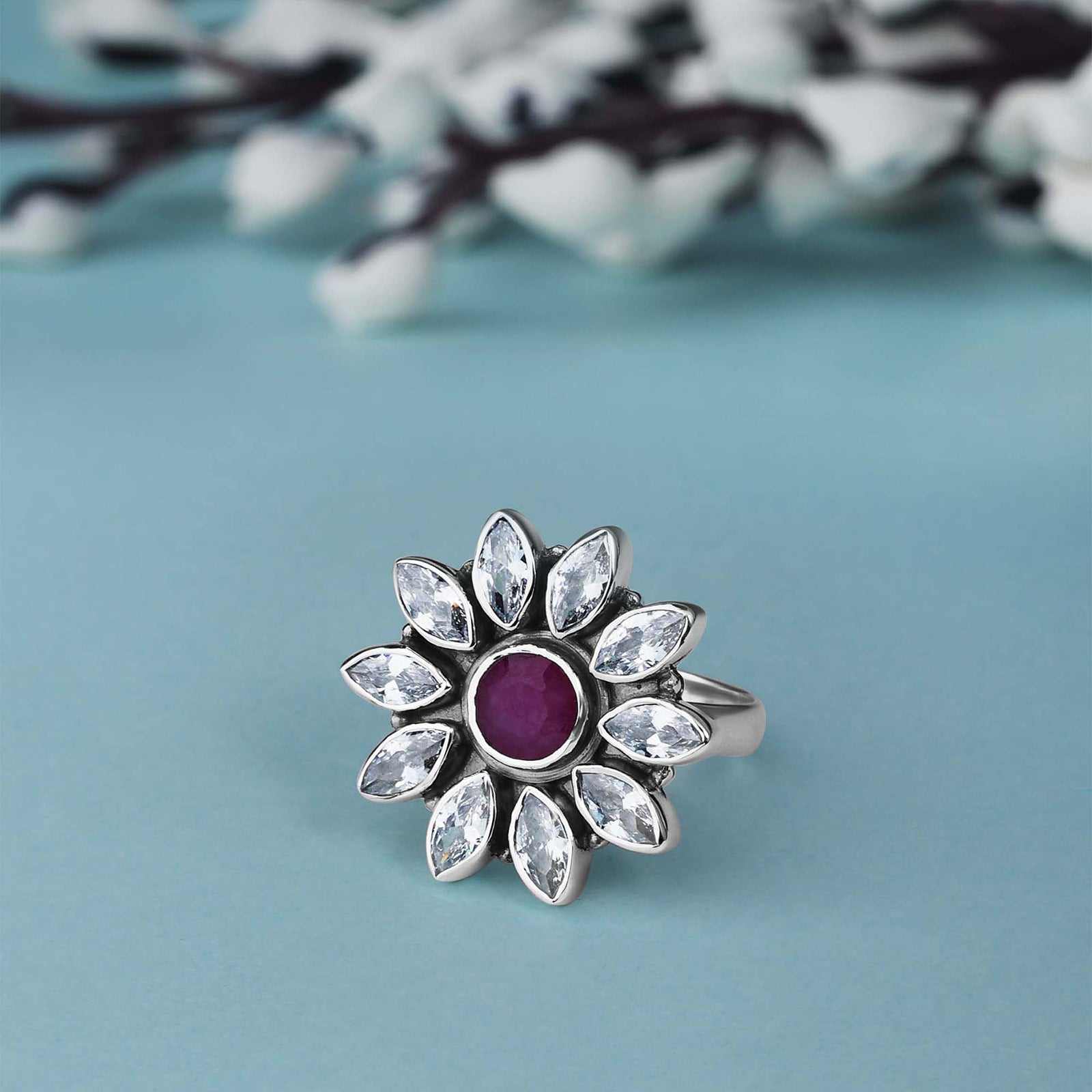 Silver Antique Floral Pink Stone Ring