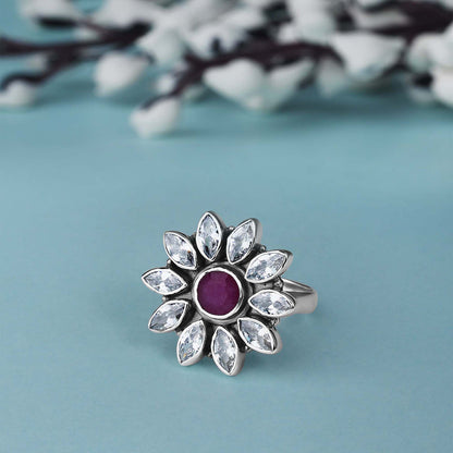 Silver Antique Floral Pink Stone Ring