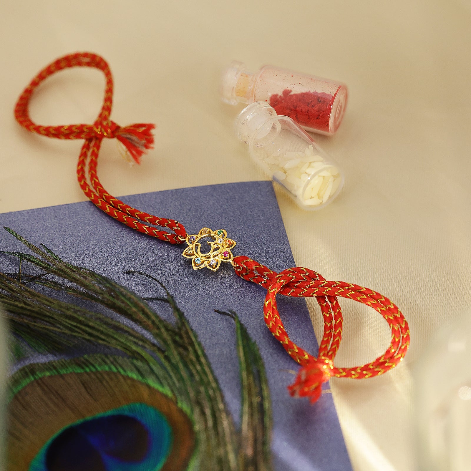 Gold Plated Multicolor Om Floral Silver Rakhi for Brother - Tweov Jewels