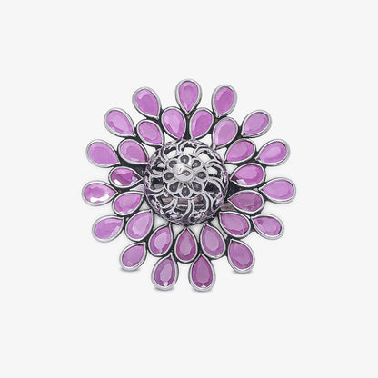 Oxidized Pink Stone Flower Silver Ring