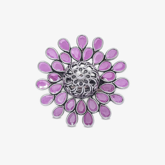 Oxidized Pink Stone Flower Silver Ring - Tweov Jewels