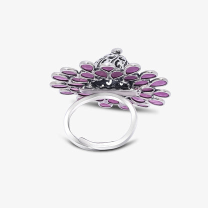 Oxidized Pink Stone Flower Silver Ring