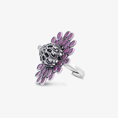 Oxidized Pink Stone Flower Silver Ring