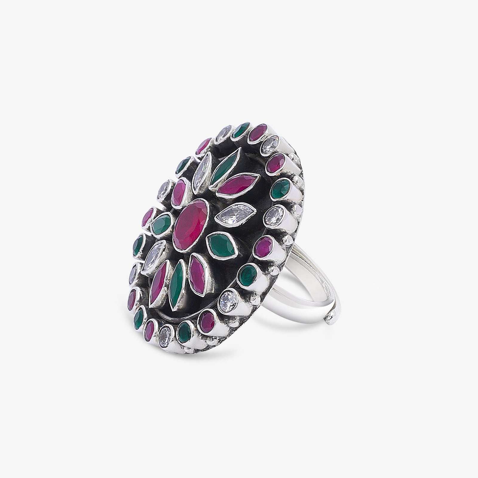Pure Silver Ring - Garden of Emerald and Ruby Sparkle - Tweov Jewels