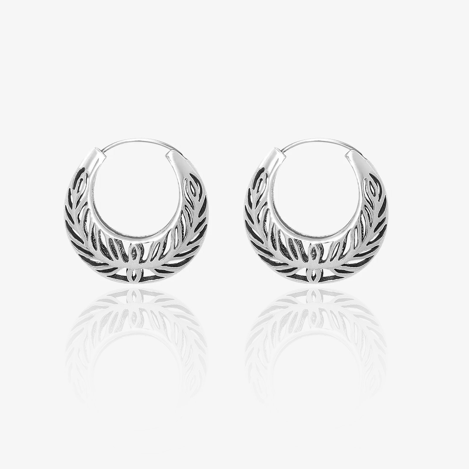Leaf Carved Silver Hoop Earrings
