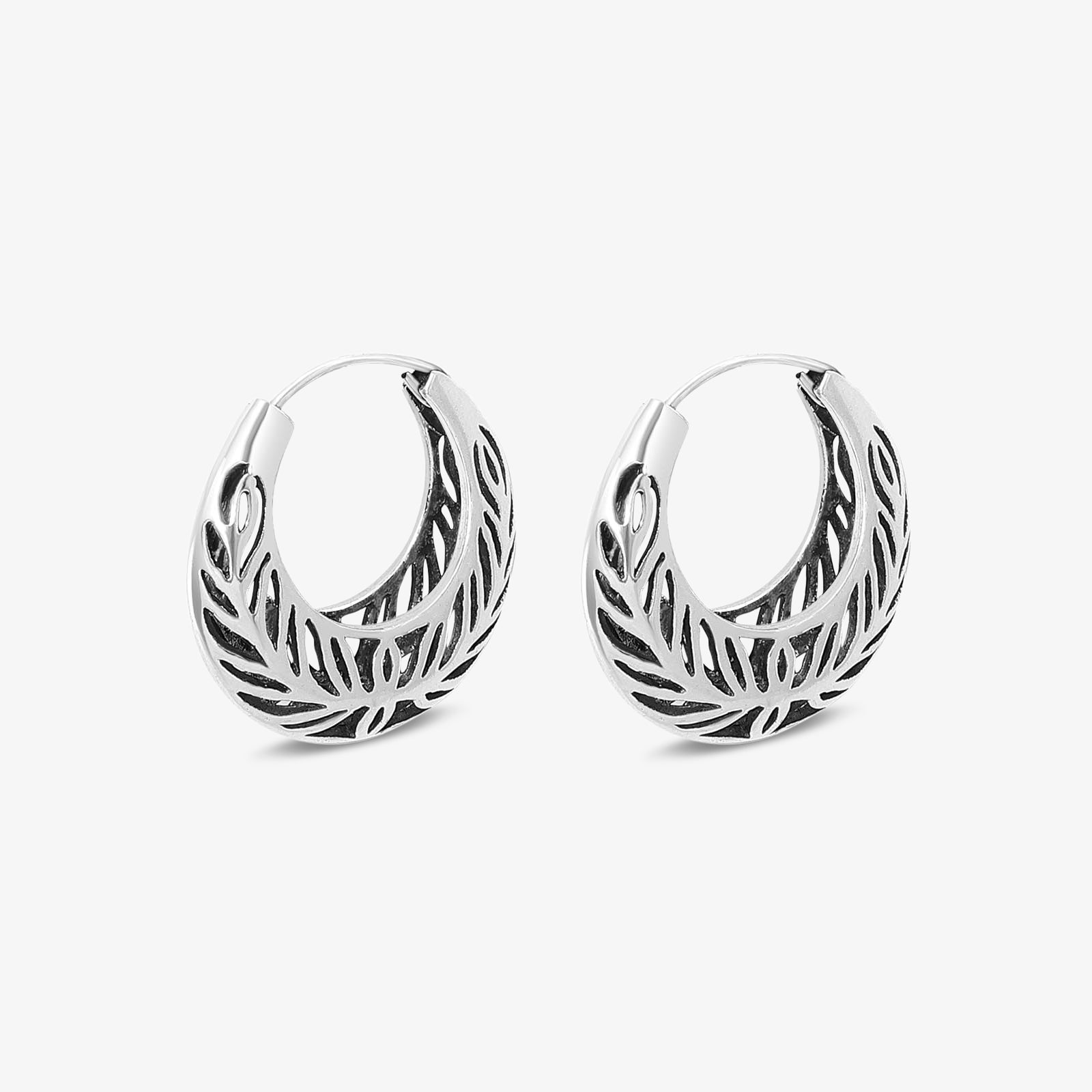 Pure 925 Silver Earrings - Leaf-Carved Hoops With Grace - Tweov Jewels