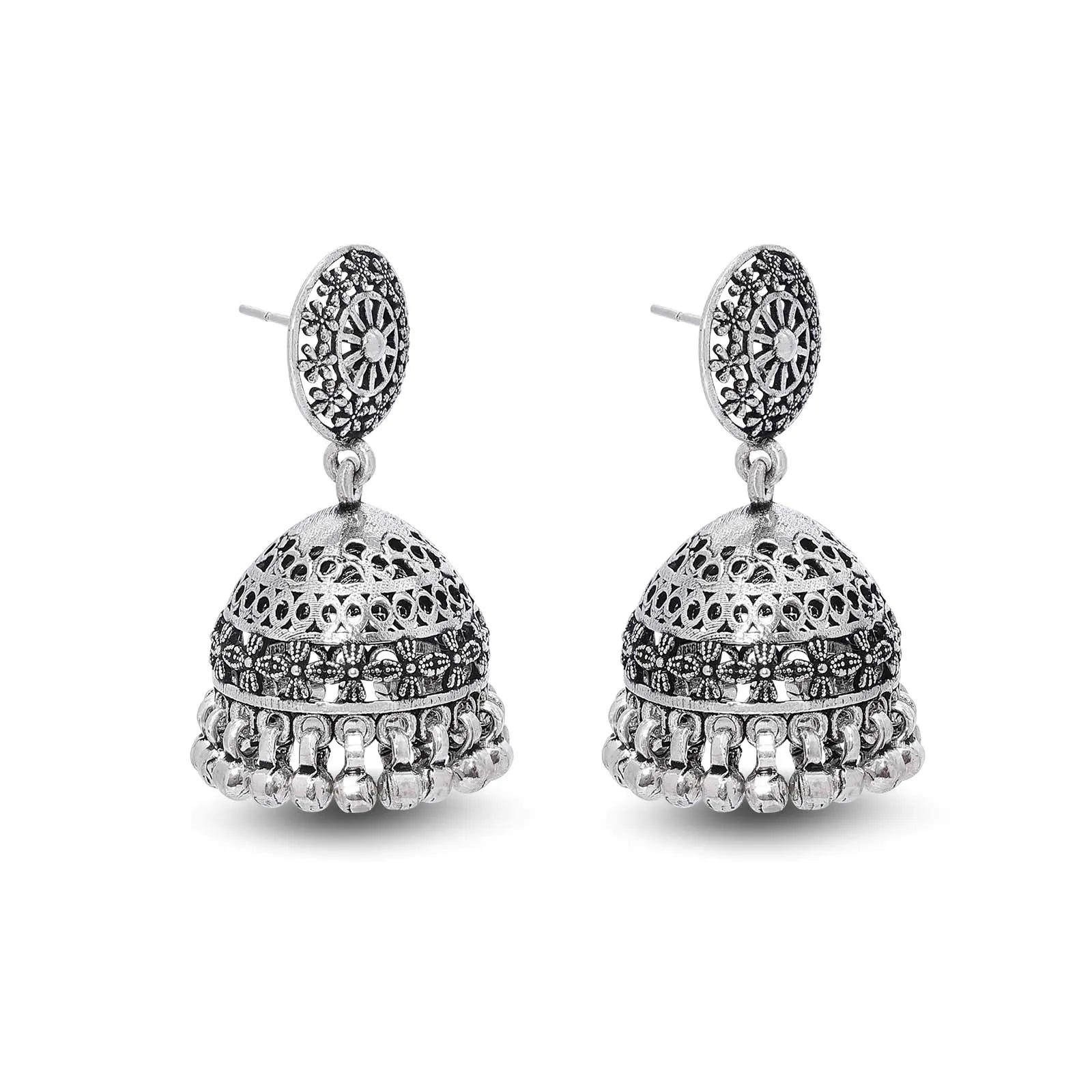 Floral Silver Jhumka Earrings - Tweov Jewels