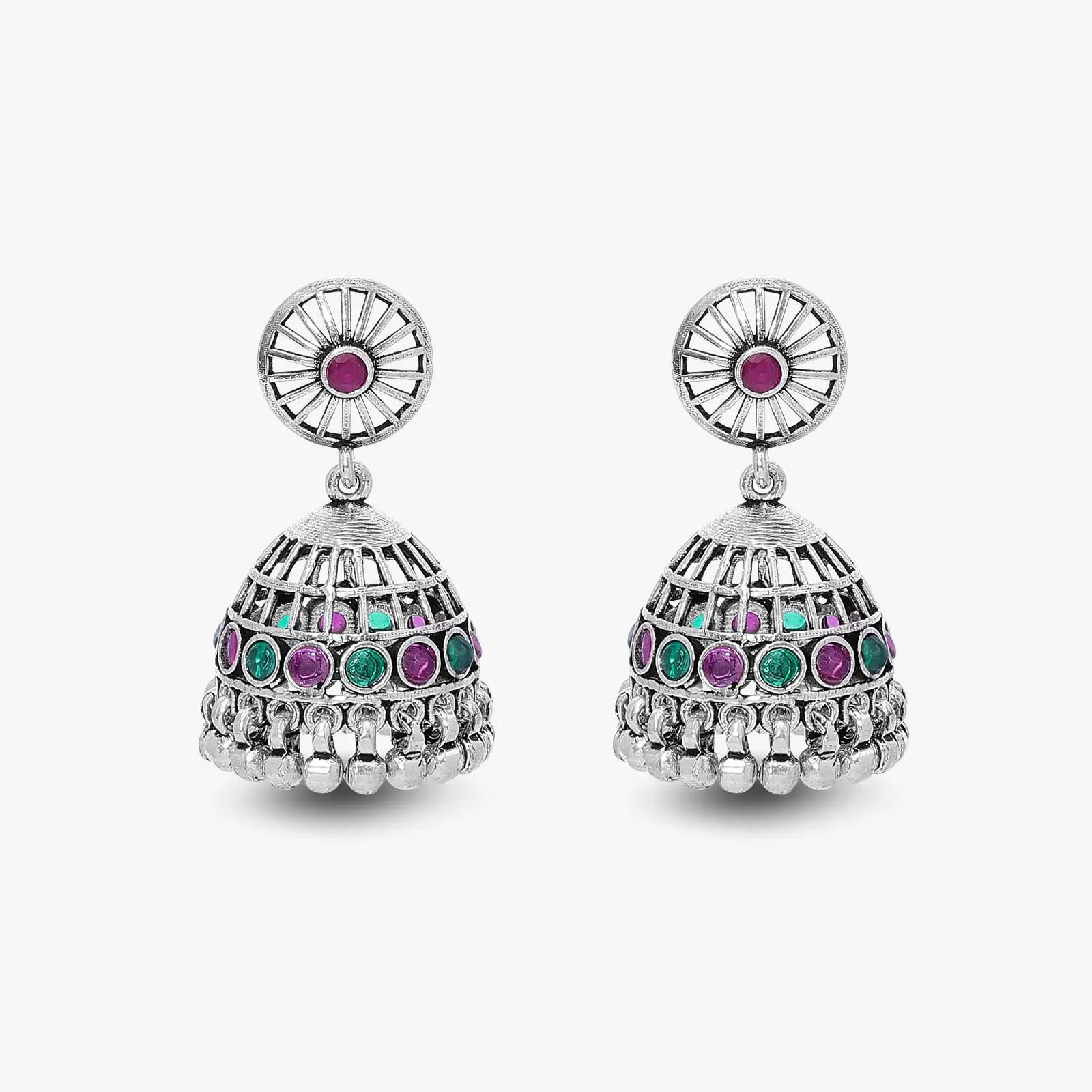 Pink & Green Stone Silver Jhumka Earrings - Tweov Jewels