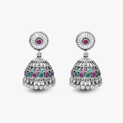 Pink & Green Stone Silver Jhumka Earrings - Tweov Jewels