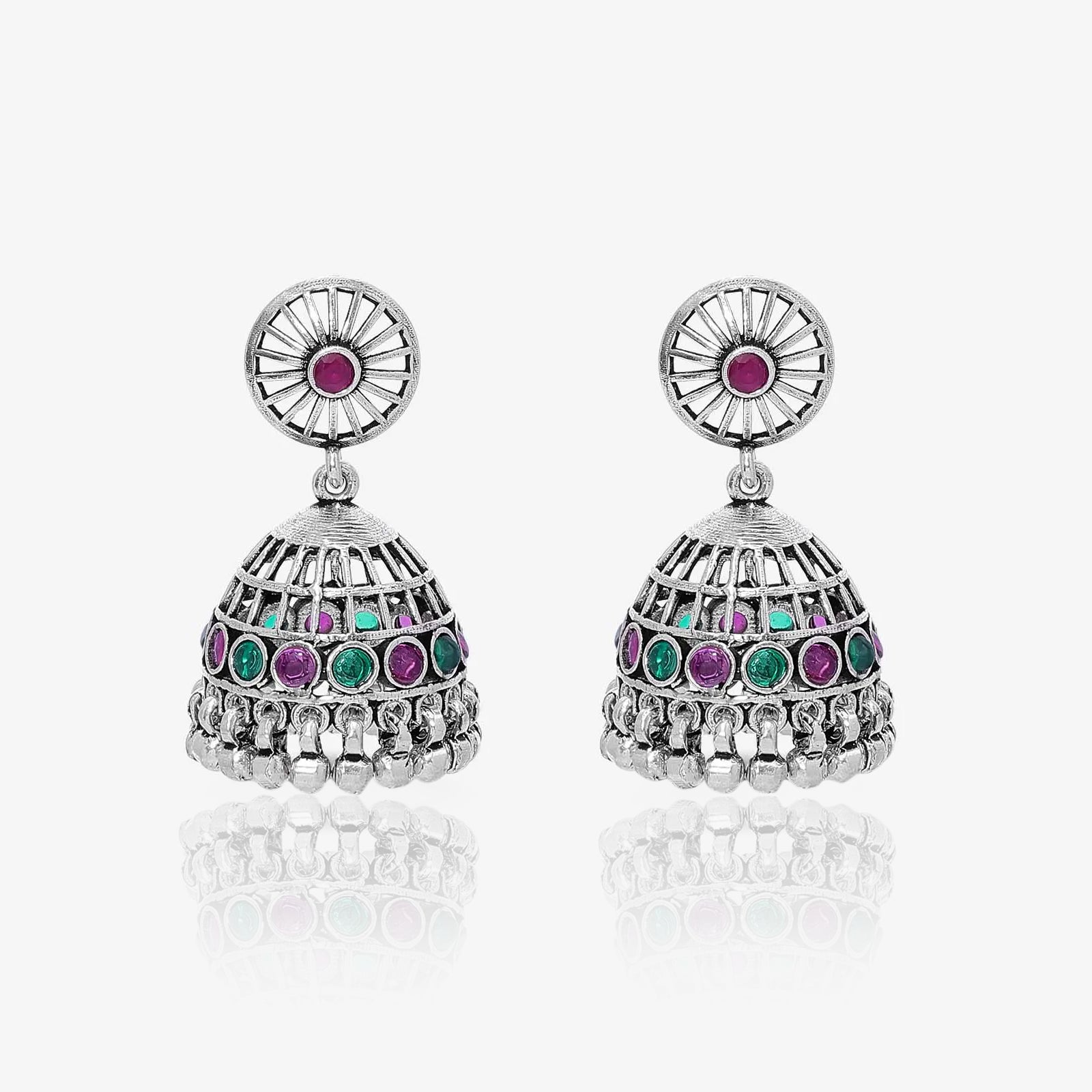 Pink & Green Stone Silver Jhumka Earrings - Tweov Jewels