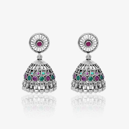 Pink & Green Stone Silver Jhumka Earrings - Tweov Jewels