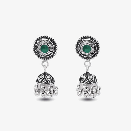 Silver Green Stone Studded Oxidised Jhumka Earrings - Tweov Jewels