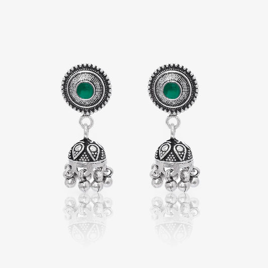 Green Stone Studded Oxidised Silver Jhumka Earrings