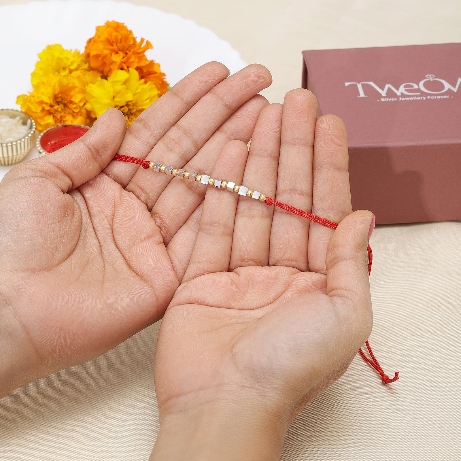 Simple Box Beads Silver Rakhi for Brother - Tweov Jewels