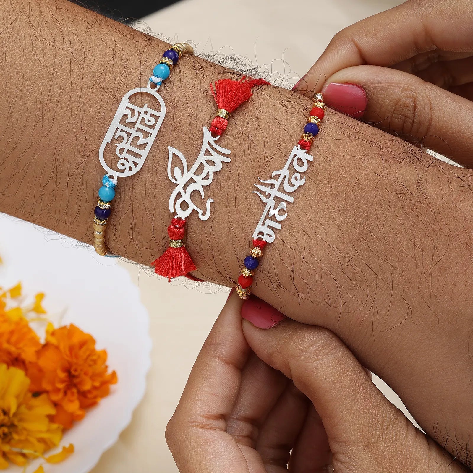 Krishna Mahadev Silver Rakhi for Brother (Pack of Three) - Tweov Jewels