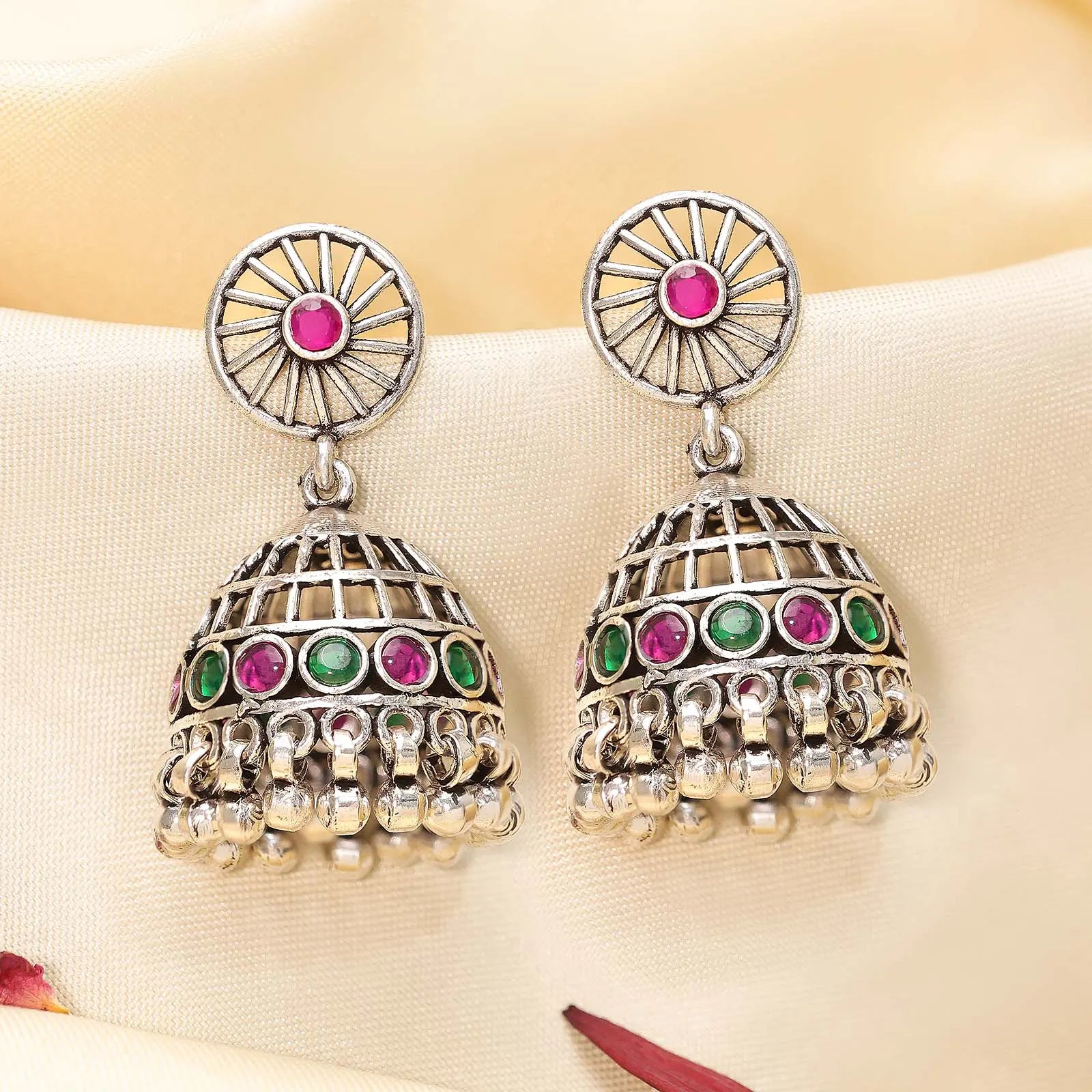 Pink & Green Stone Silver Jhumka Earrings - Tweov Jewels