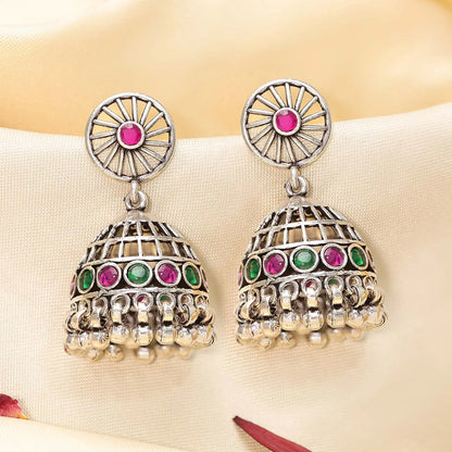 Pink & Green Stone Silver Jhumka Earrings - Tweov Jewels