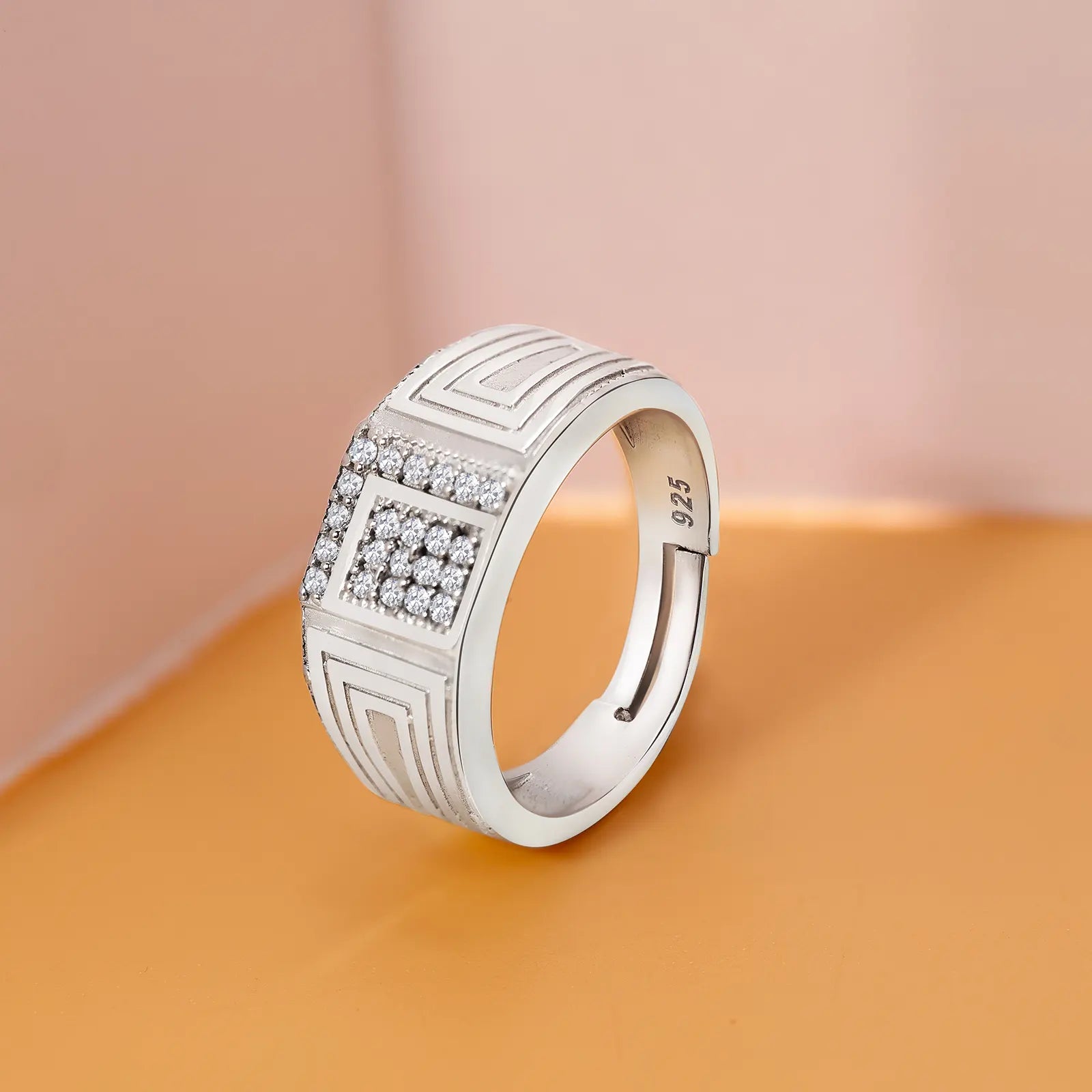 Silver CZ Studded Broad Band Ring for Men