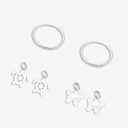 Set of 2 Silver Butterfly & Tortoise Hoop Earrings for Kids - Tweov Jewels