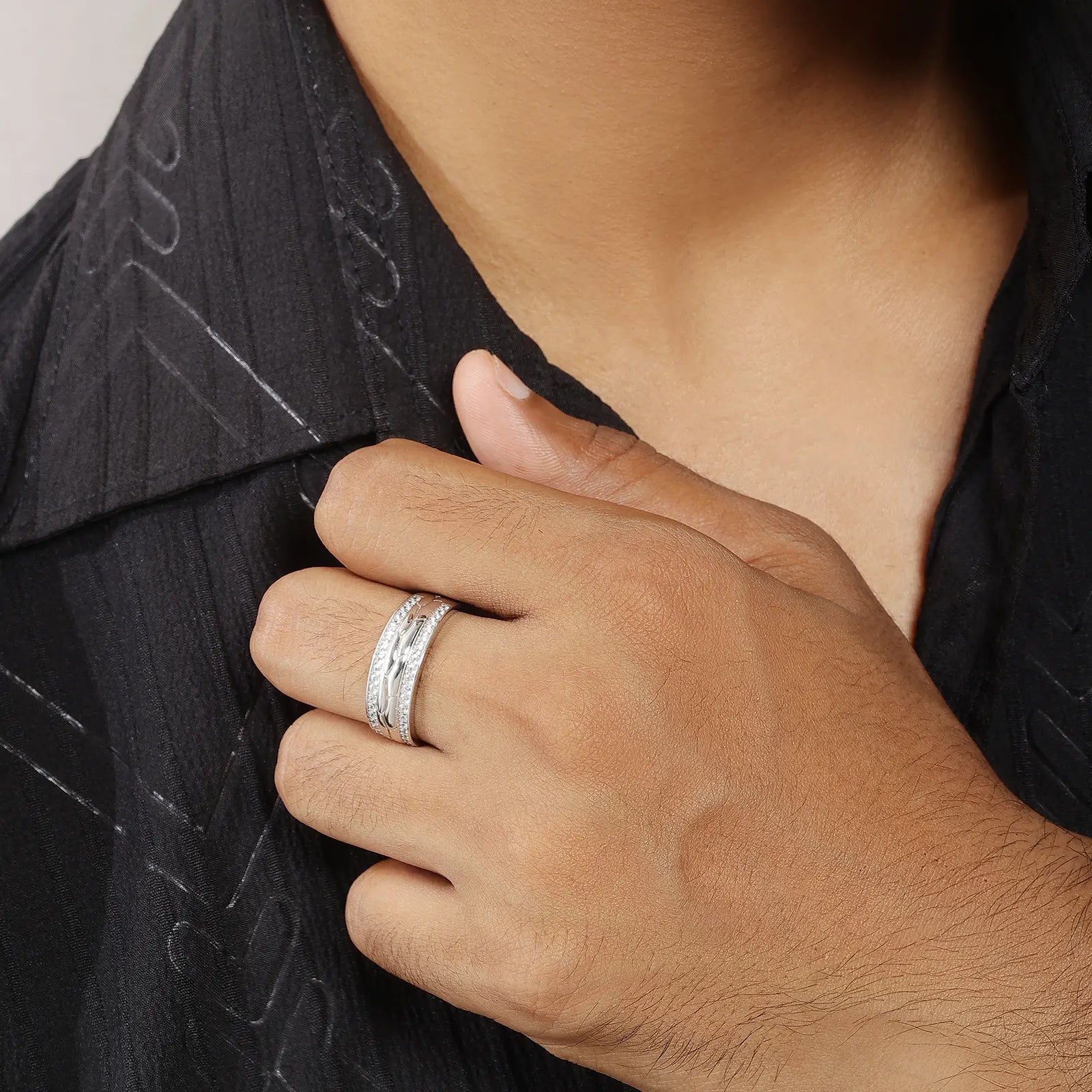 Dual Layered CZ Silver Ring for Men