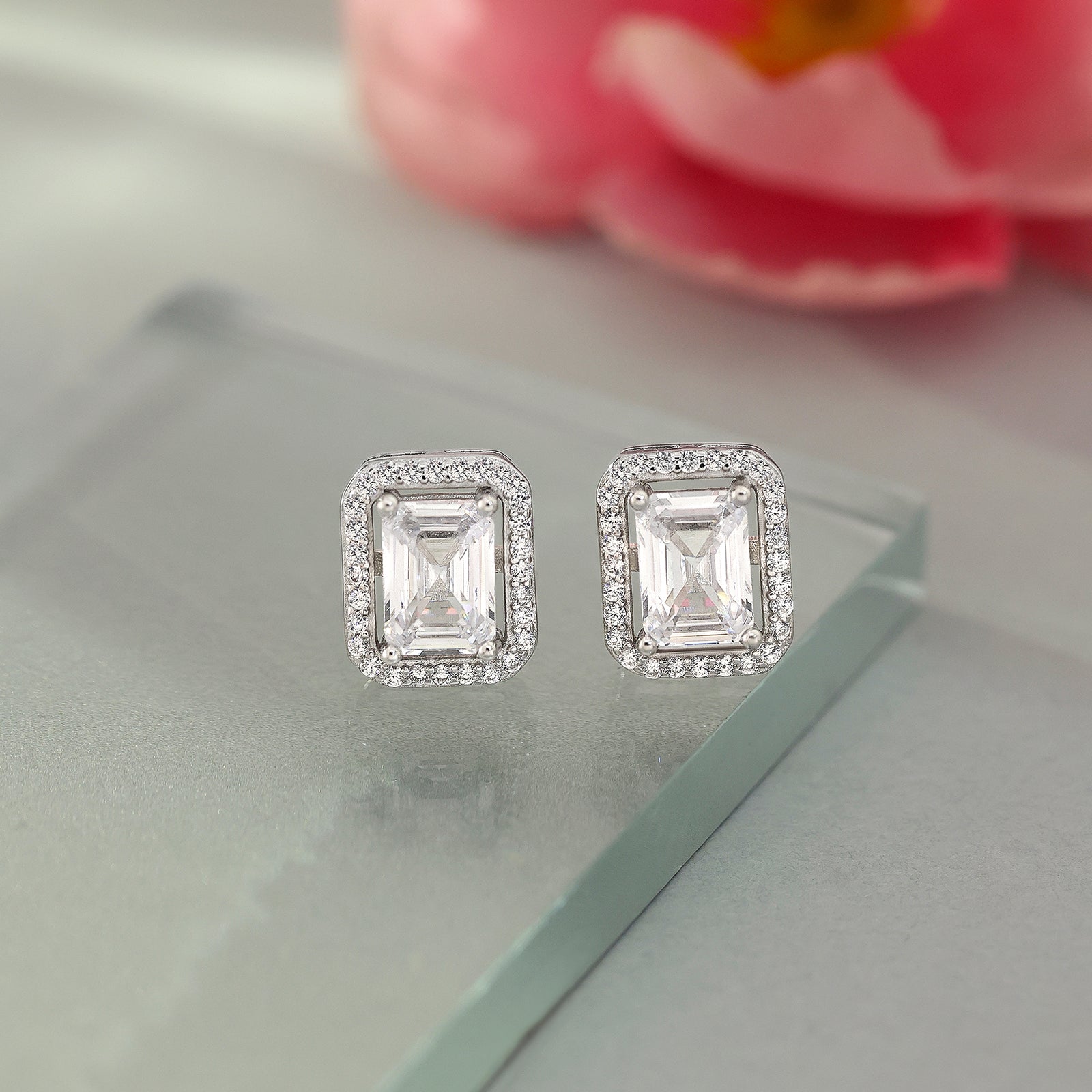 CZ Rectangle Shape Silver Stud Earrings - Tweov Jewels
