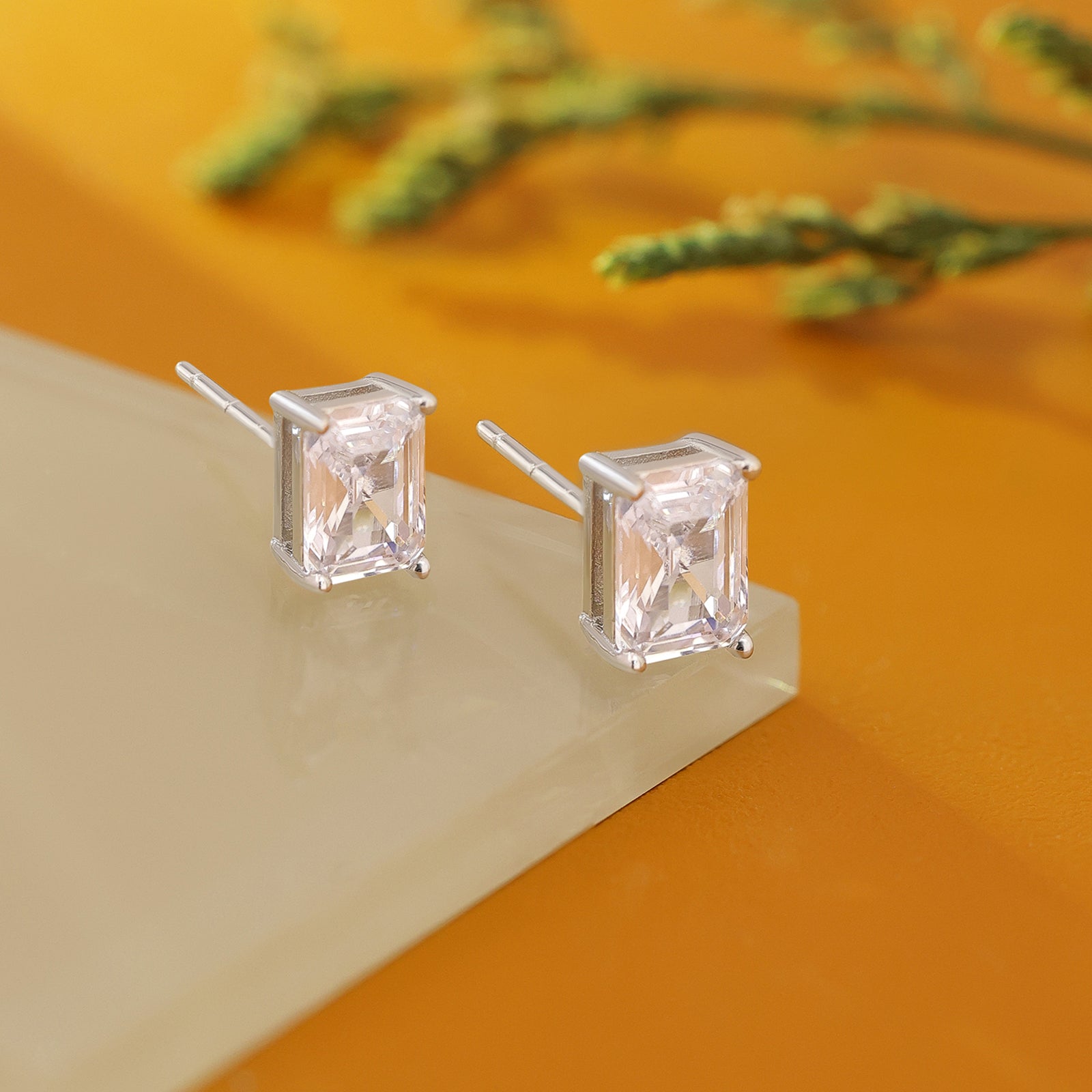 American Diamond Silver Rectangle Stud Earrings - Tweov Jewels