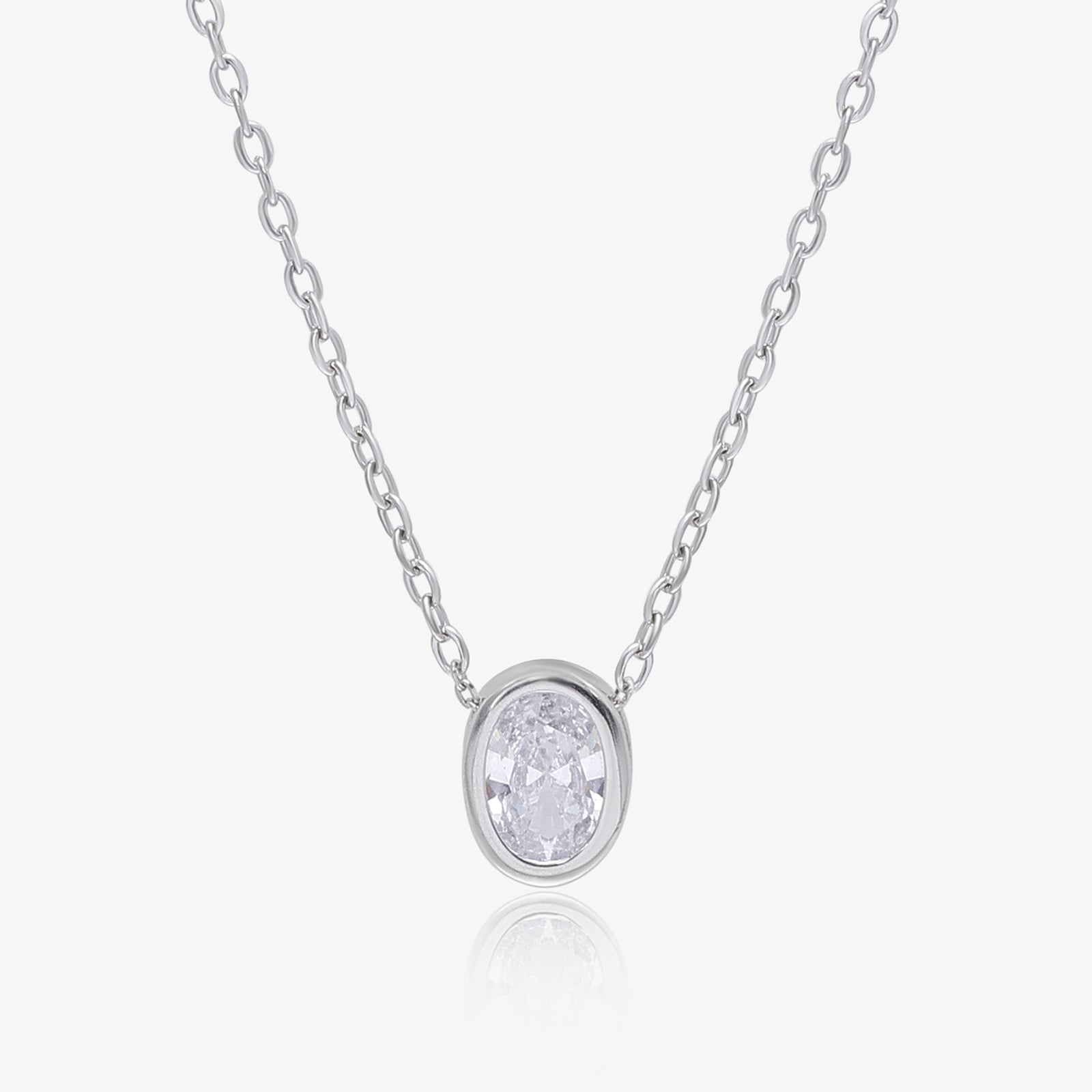 CZ Studded Silver Oval Pendant with Chain
