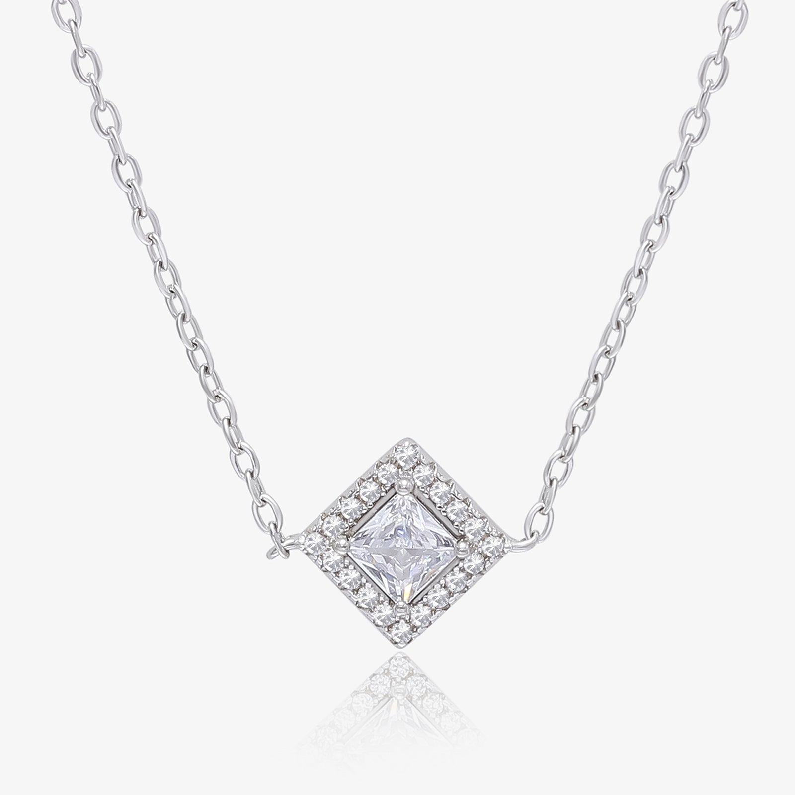 CZ Studded Silver Square Pendant with Chain