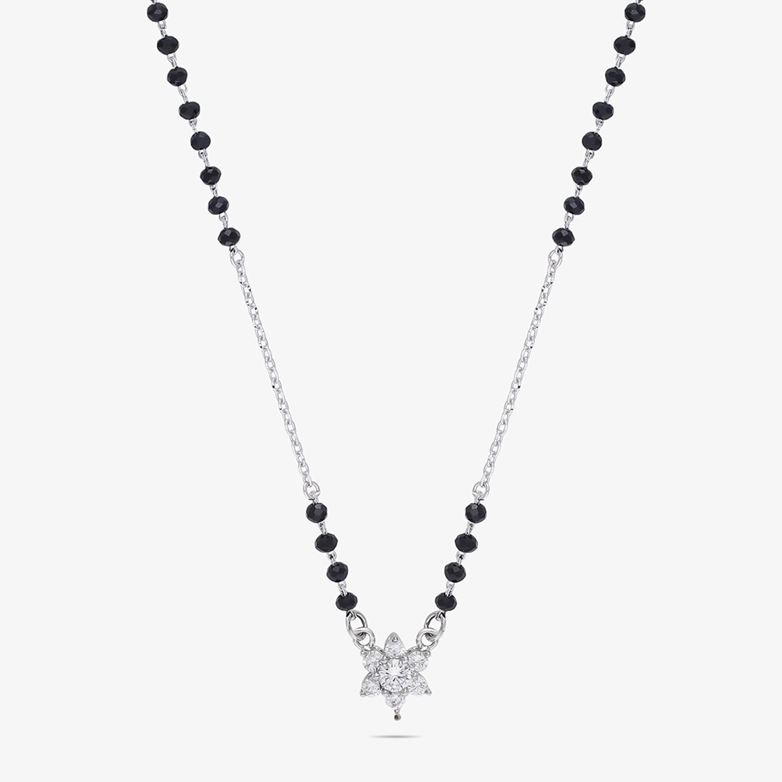 Black Crystal Beaded Floral Design Silver Mangalsutra