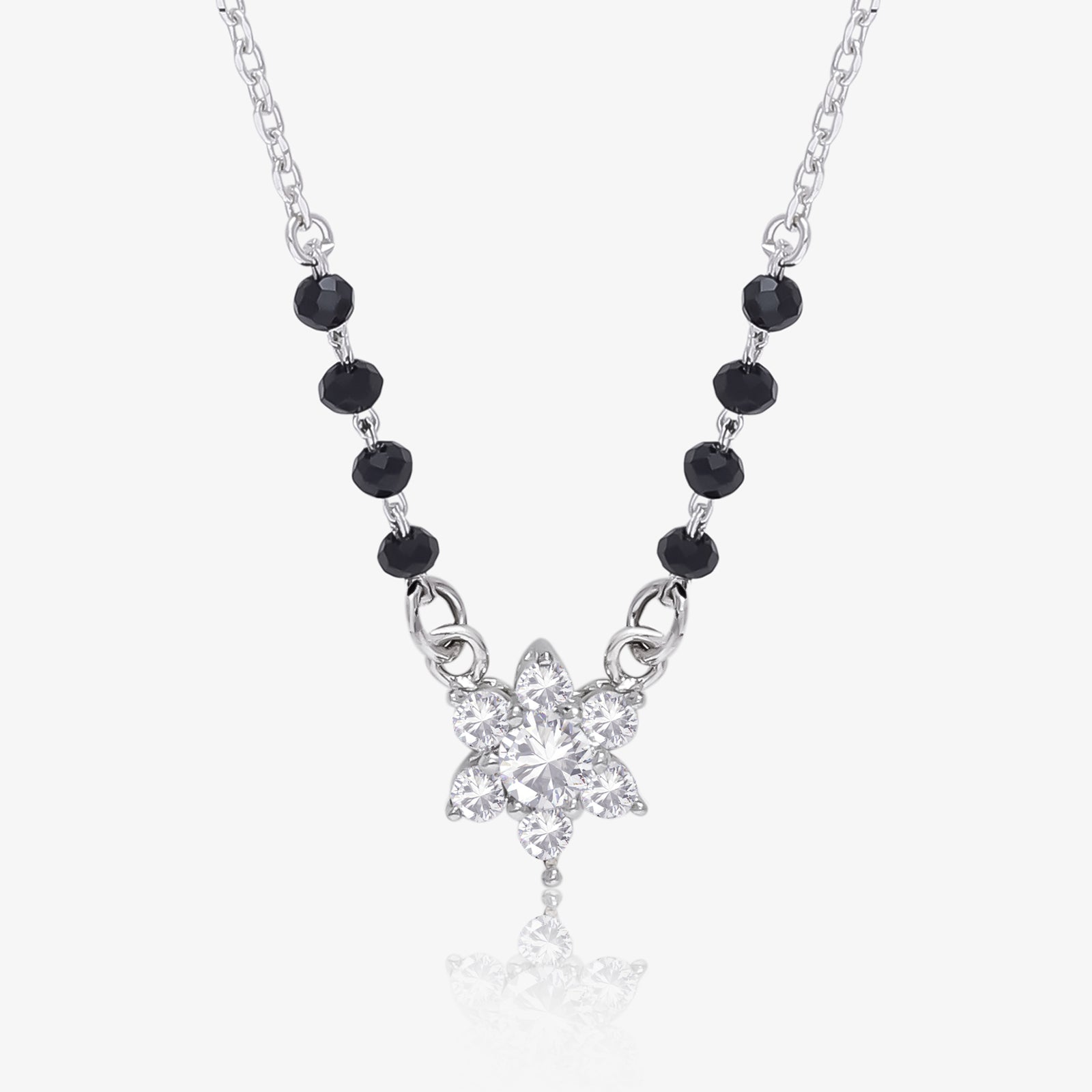 Black Crystal Beaded Floral Design Silver Mangalsutra
