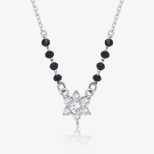 Black Crystal Beaded Floral Design Silver Mangalsutra